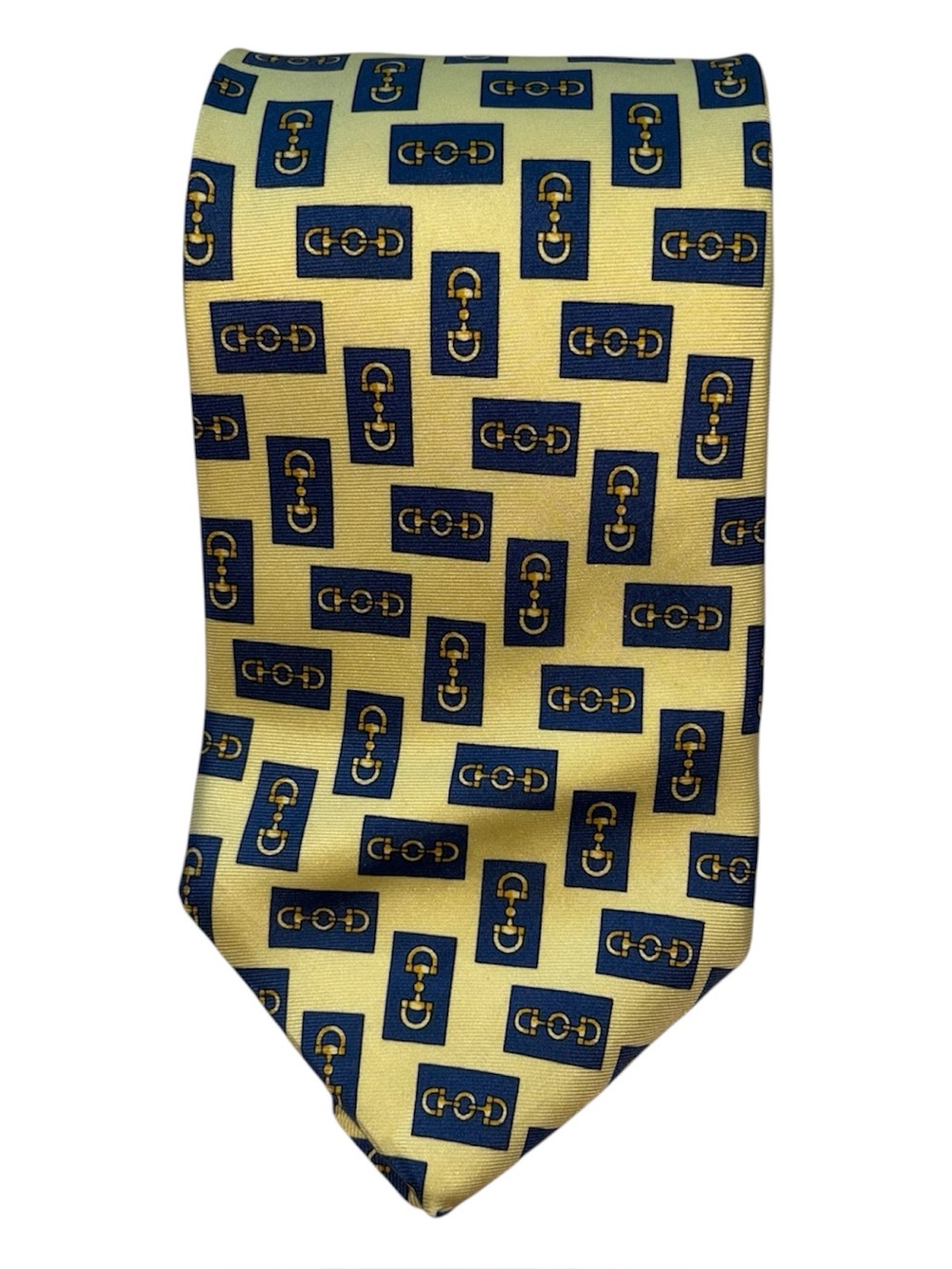 Paolo Gucci Men's Necktie Yellow & Navy Geometric Equestrian Motif 100% Silk